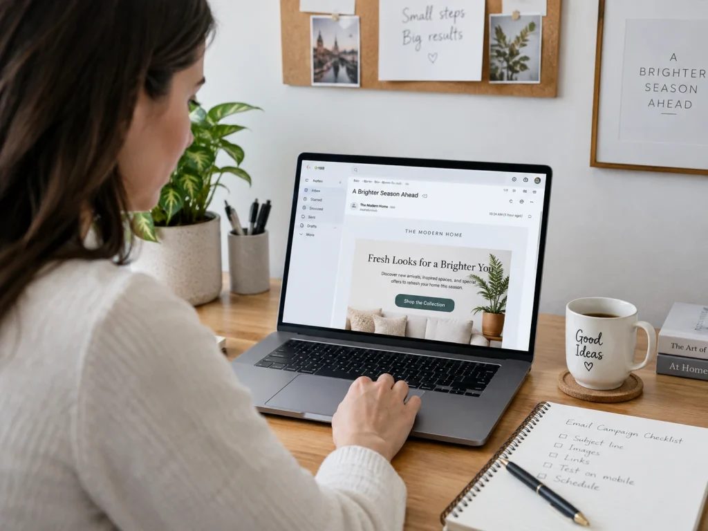 marketer meninjau contoh email promosi produk di laptop
