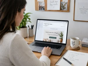 marketer meninjau contoh email promosi produk di laptop