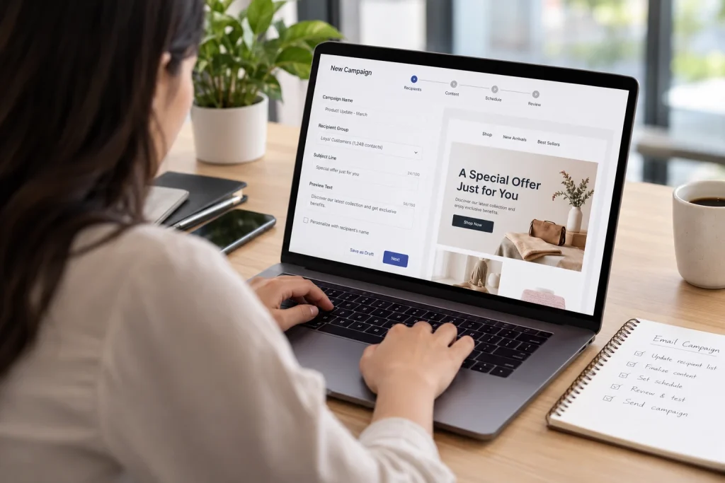 marketer menyiapkan email blast promosi untuk pelanggan