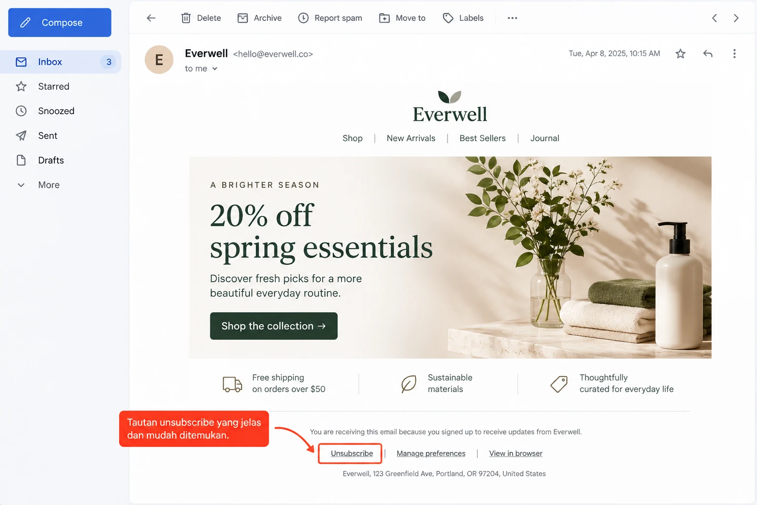 contoh tautan unsubscribe yang jelas pada bagian bawah email promosi