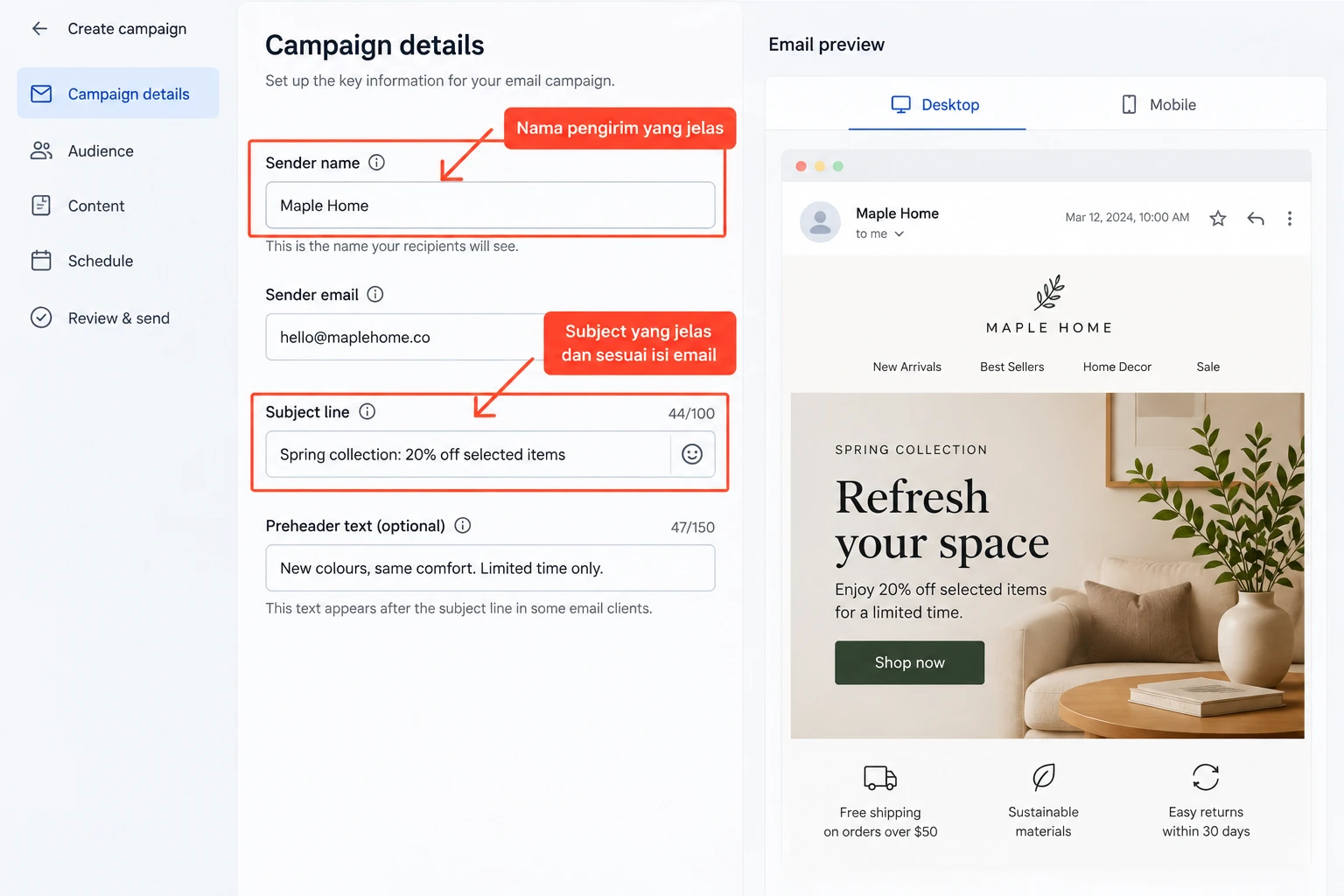 contoh nama pengirim dan subject email promosi yang jelas dan sesuai isi