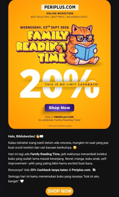 Contoh CTA email menuju halaman event promo di Periplus