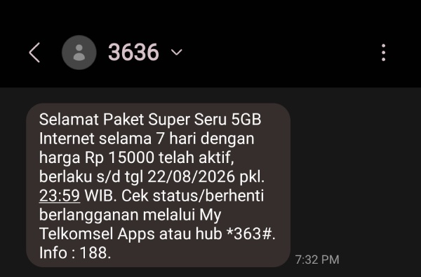 Contoh SMS A2P berisi notifikasi transaksi berhasil