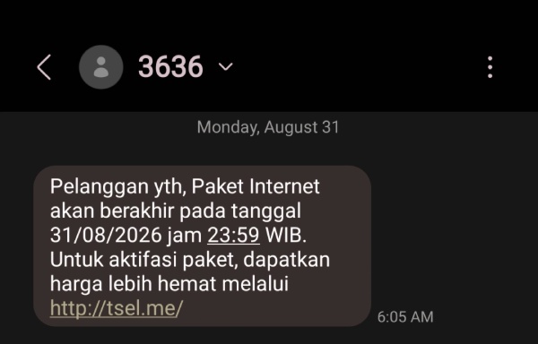 Contoh SMS Application to Person berisi pengingat masa berlaku