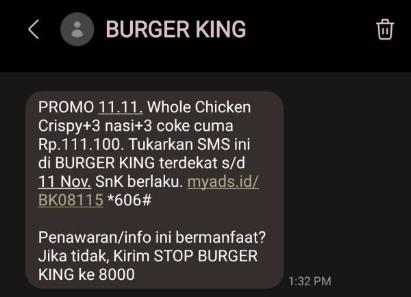 Contoh SMS blast berisi promosi saat tanggal kembar dari Burger King