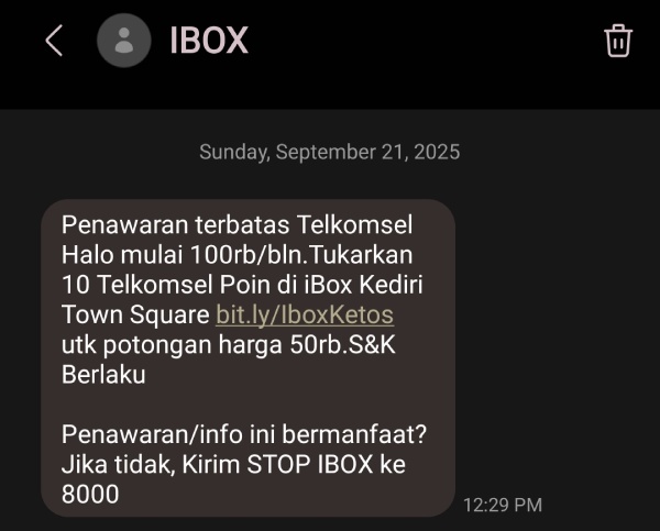 Contoh SMS blast yang dikirimkan menggunakan geolokasi dari iBOX