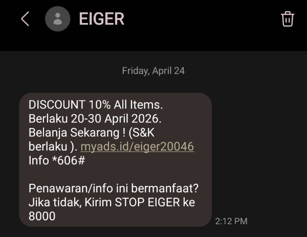 Contoh SMS penawaran diskon produk dari Eiger