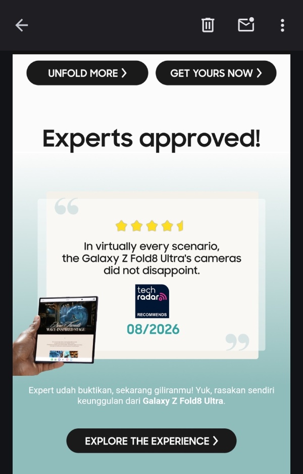 Contoh email dari Samsung yang berisi review produk dari pakar