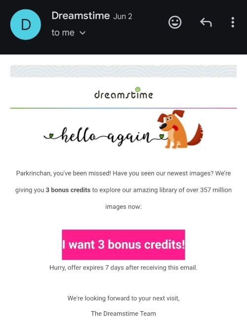 Contoh email reengagement drip dari Dreamstime
