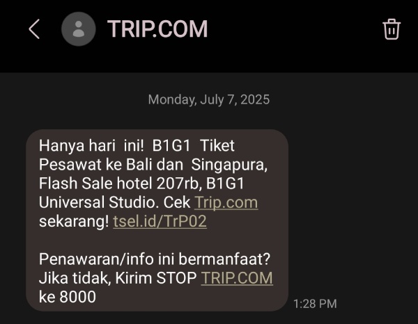 Contoh pesan promosi B1G1 dari Trip.com