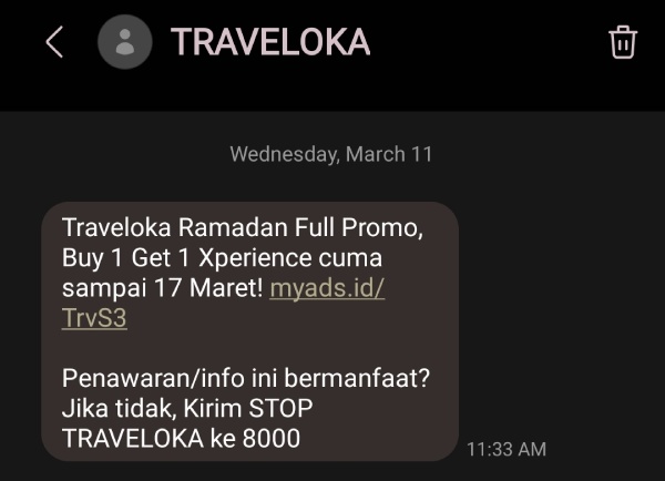 Contoh pesan promosi selama bulan Ramadan dari Traveloka