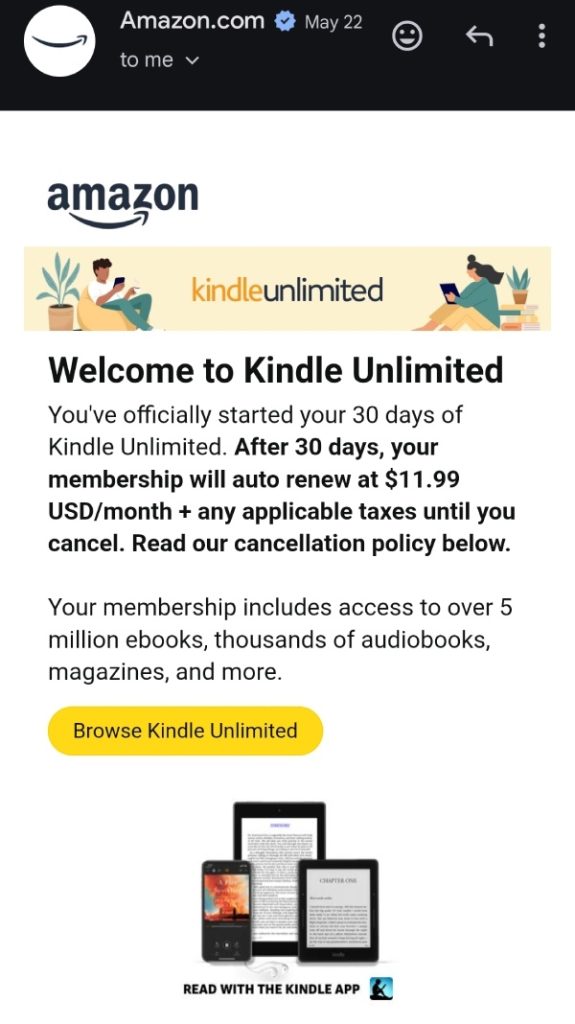 Contoh welcome drip email dari Kindle Unlimited