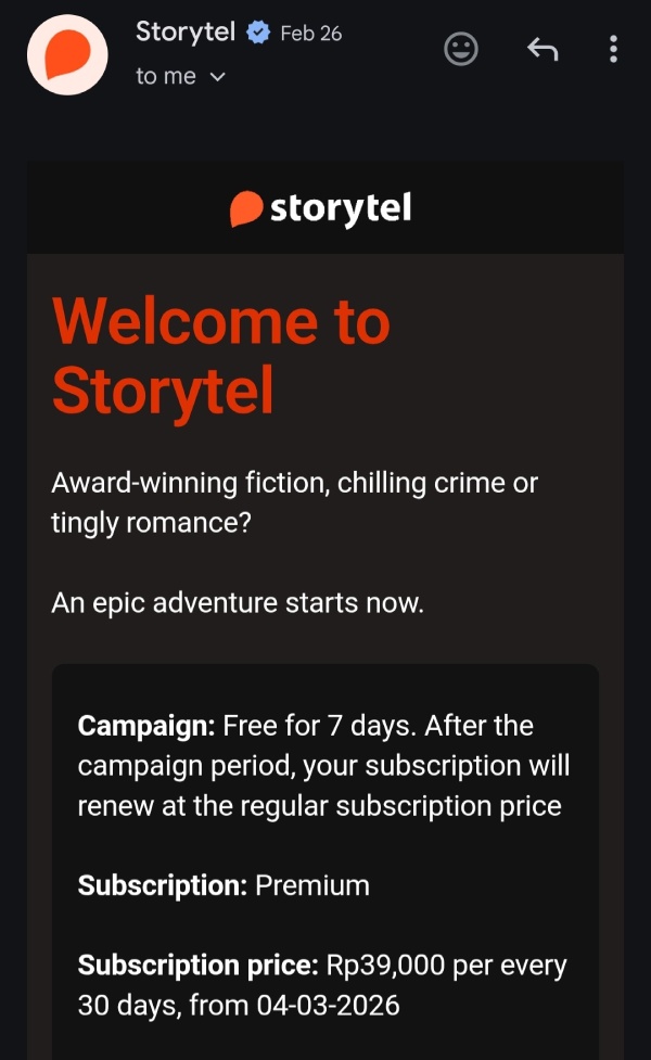 Contoh welcome email dari Storytel