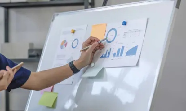 Tim marketing sedang mengevaluasi performa bisnis