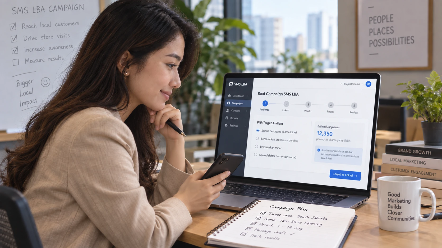 alur cara kerja SMS LBA berbasis BTS dari penentuan area hingga evaluasi kampanye