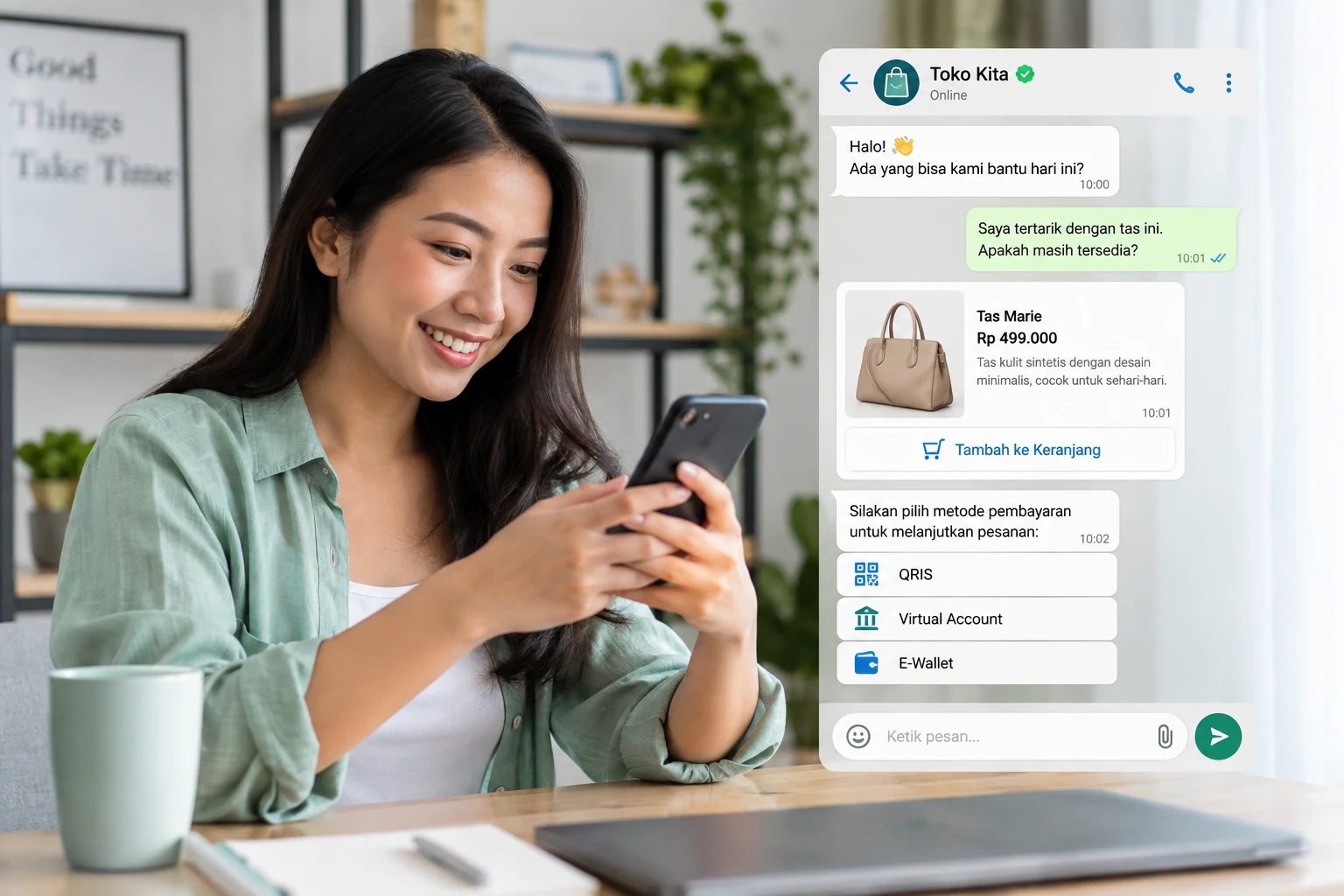 Contoh chat commerce dengan katalog dan pilihan produk di dalam percakapan