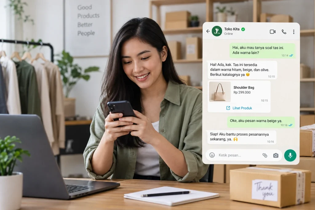 Pelanggan menggunakan smartphone untuk berbelanja melalui chat commerce