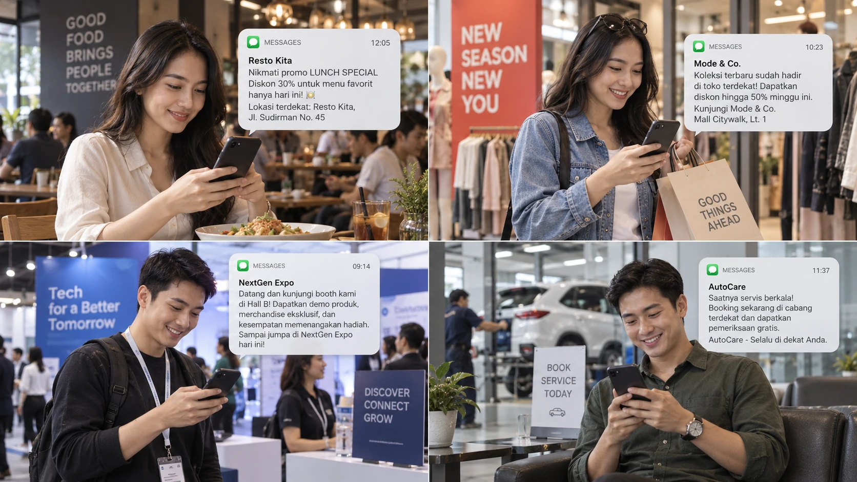 contoh penggunaan SMS LBA untuk restoran, retail, cabang baru, event, dealer, dan area kompetitor