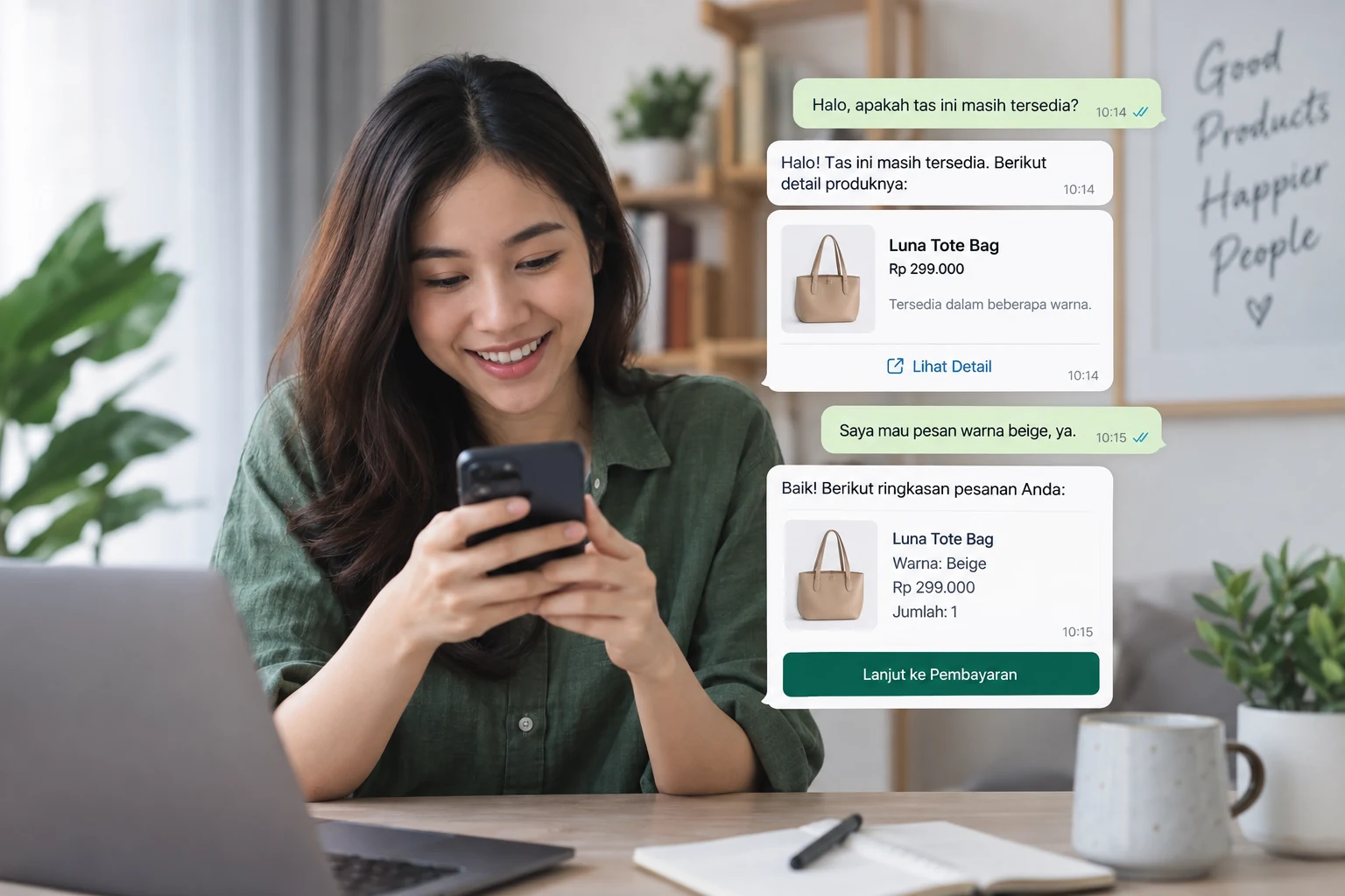 Tampilan fitur chat commerce untuk mengelola katalog dan transaksi melalui WhatsApp