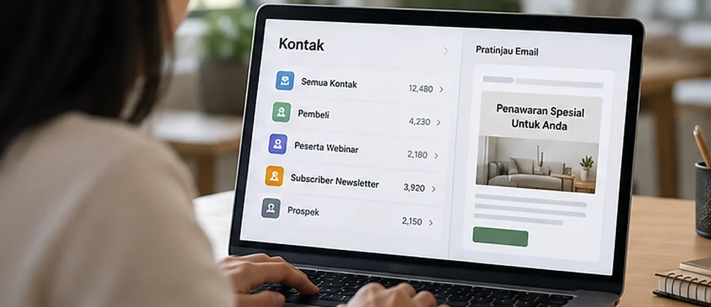 marketer memeriksa kelompok kontak sebelum mengirim email promosi