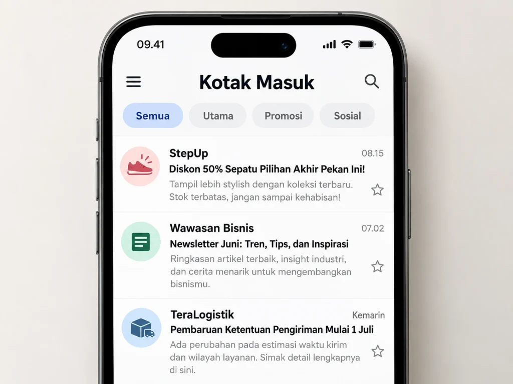 tiga contoh subjek email promosi, newsletter, dan perubahan layanan di inbox ponsel
