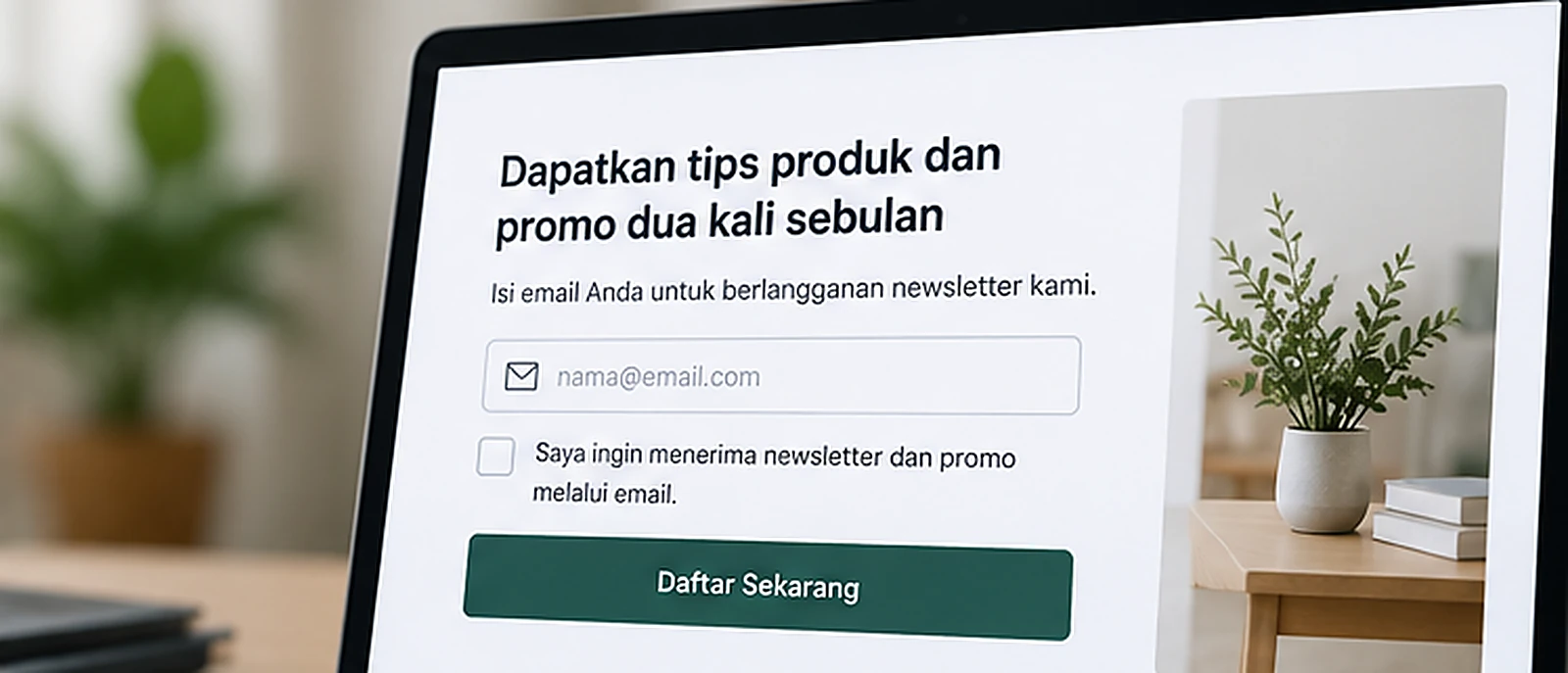 formulir newsletter dengan checkbox izin promosi yang belum dicentang