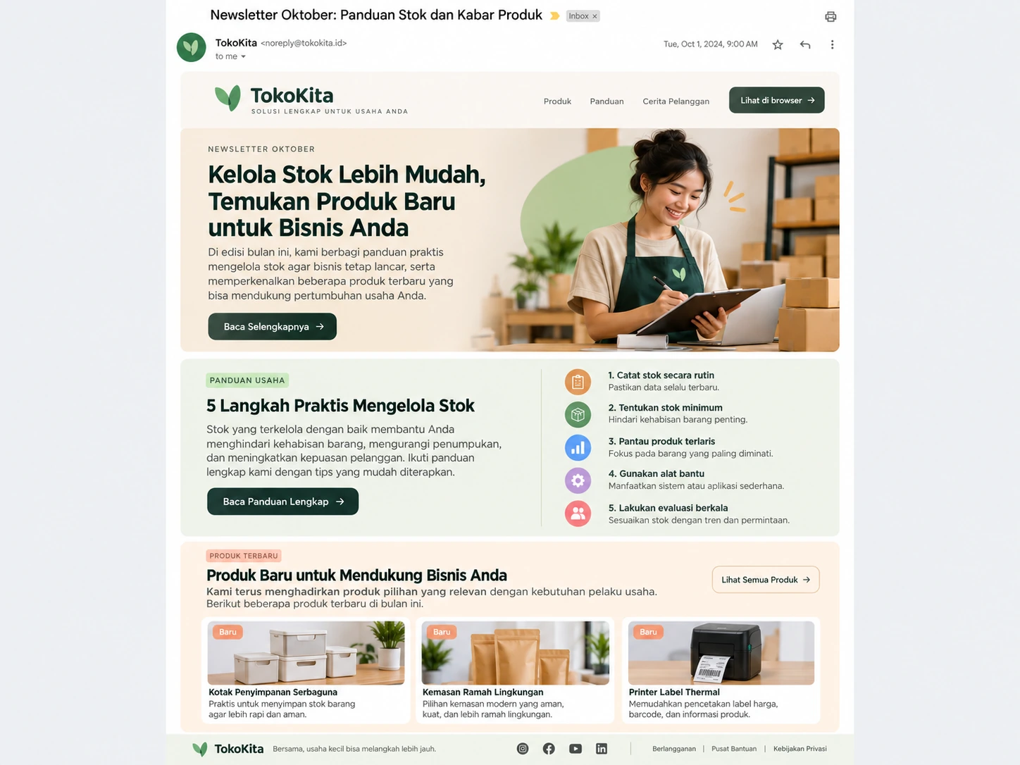 contoh subjek newsletter Oktober dengan panduan stok dan informasi produk baru