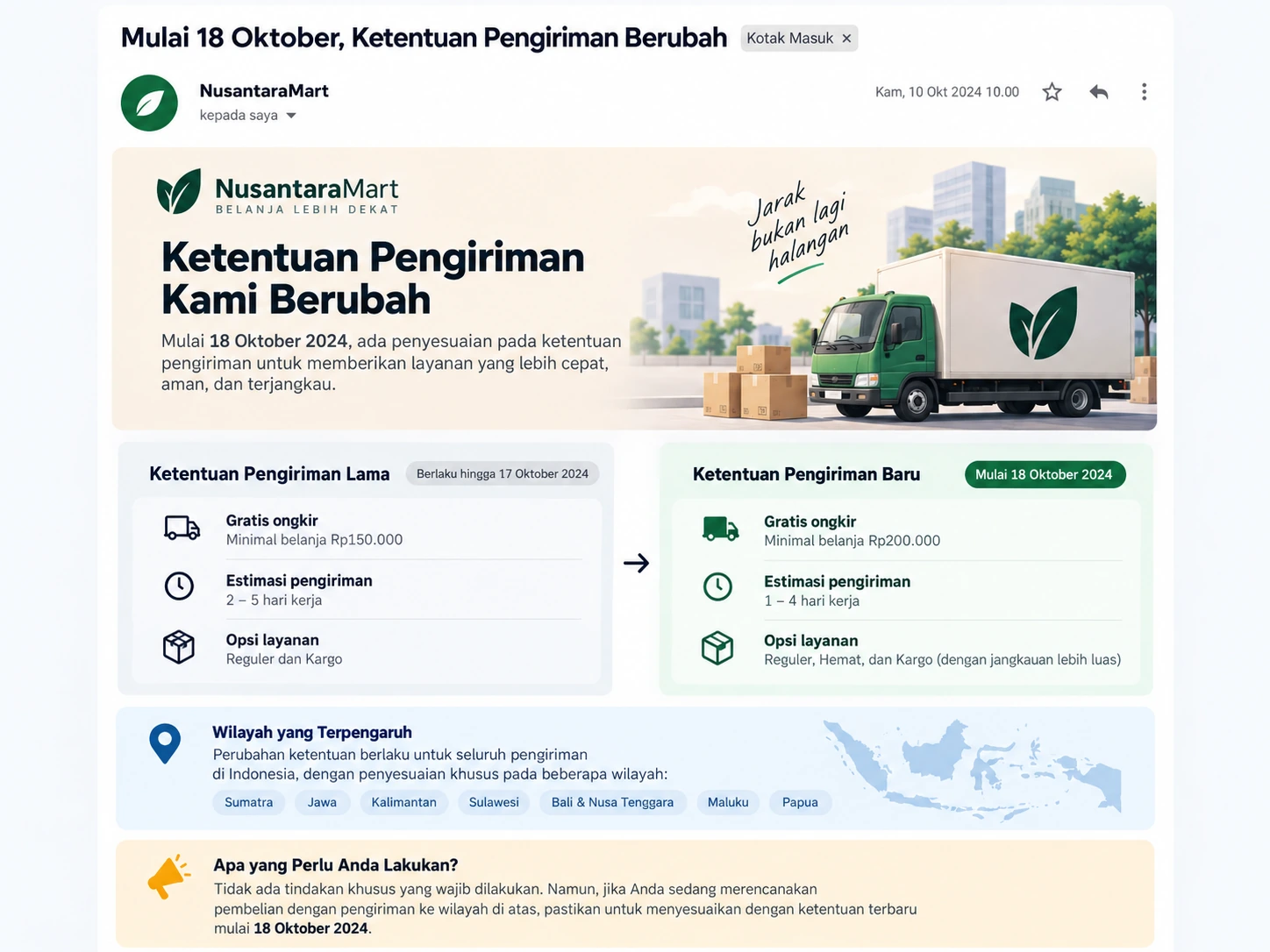 contoh email pembaruan ketentuan pengiriman dengan perbandingan aturan lama dan baru