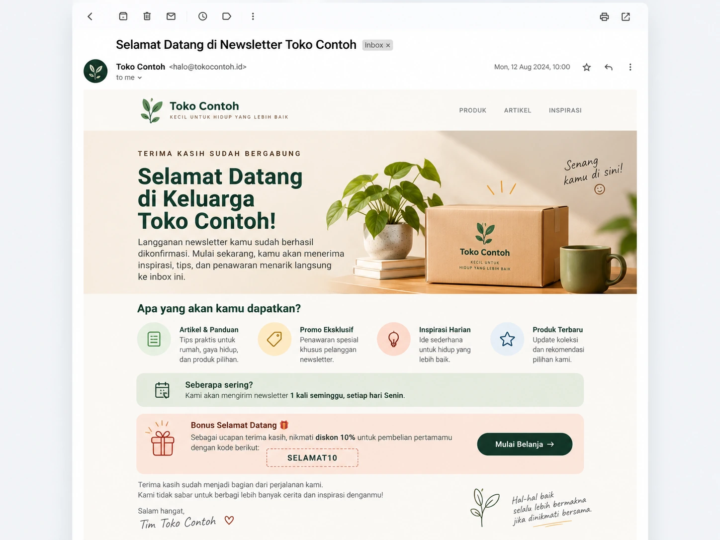 contoh subjek dan isi welcome email setelah pelanggan berlangganan newsletter