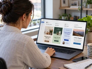 marketer melihat beberapa contoh email blast untuk berbagai tujuan campaign di laptop