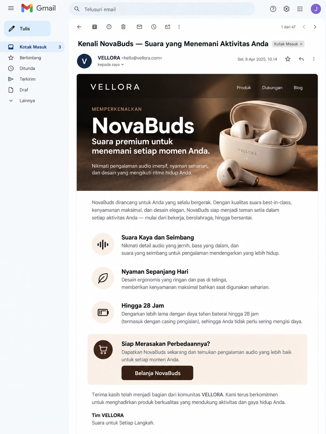 contoh email blast peluncuran produk dengan manfaat utama dan CTA