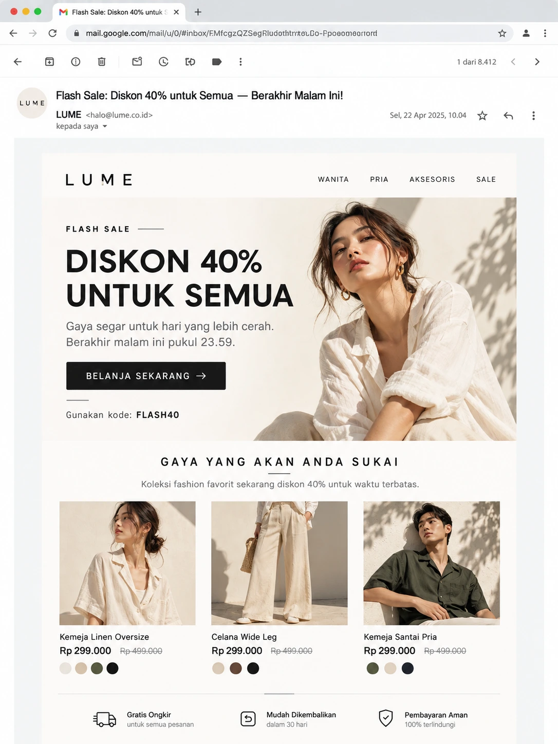 screenshot email blast flash sale dengan diskon, kode promo, dan batas waktu