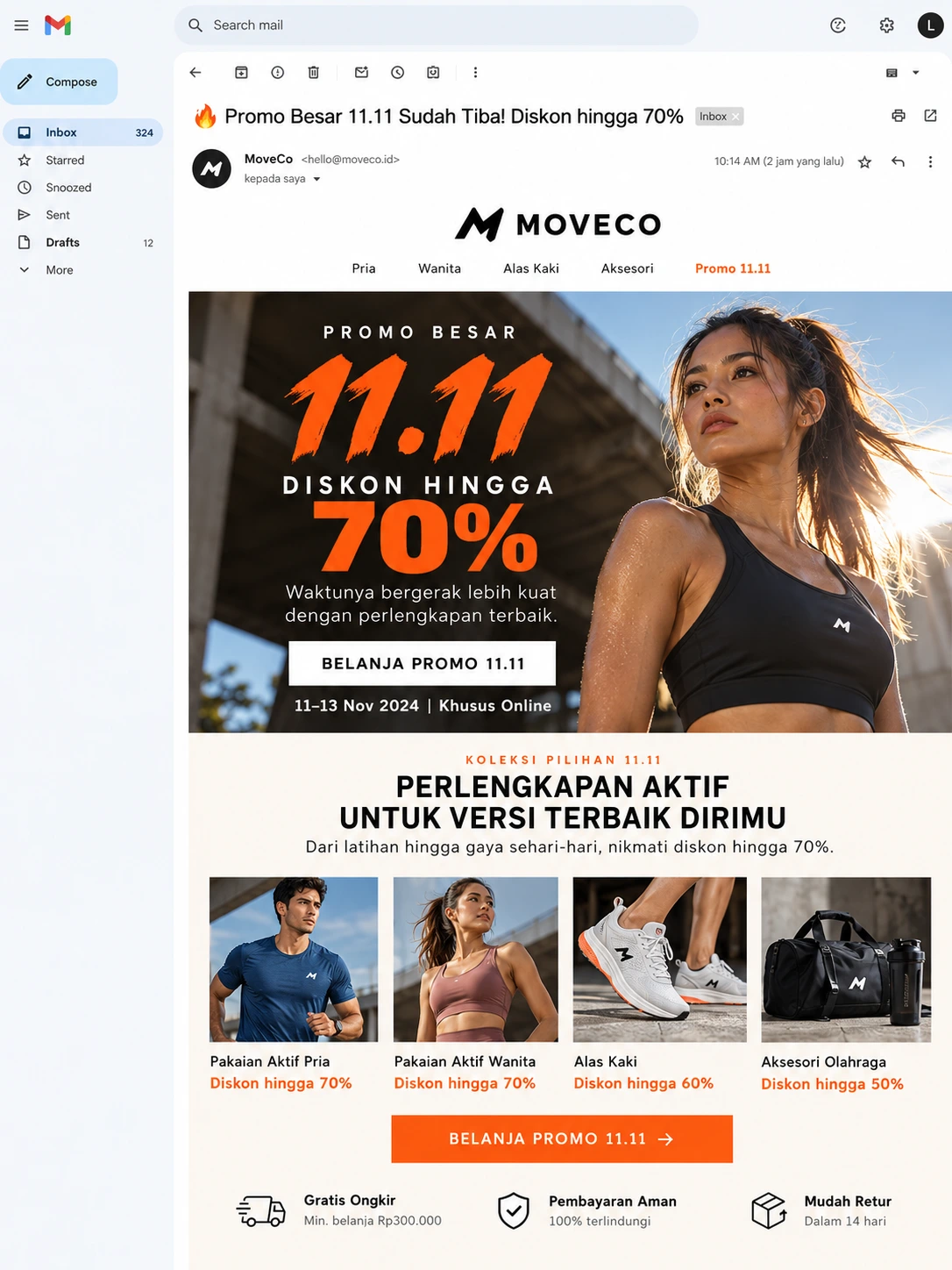 contoh email blast campaign 11.11 dengan diskon, periode, dan CTA