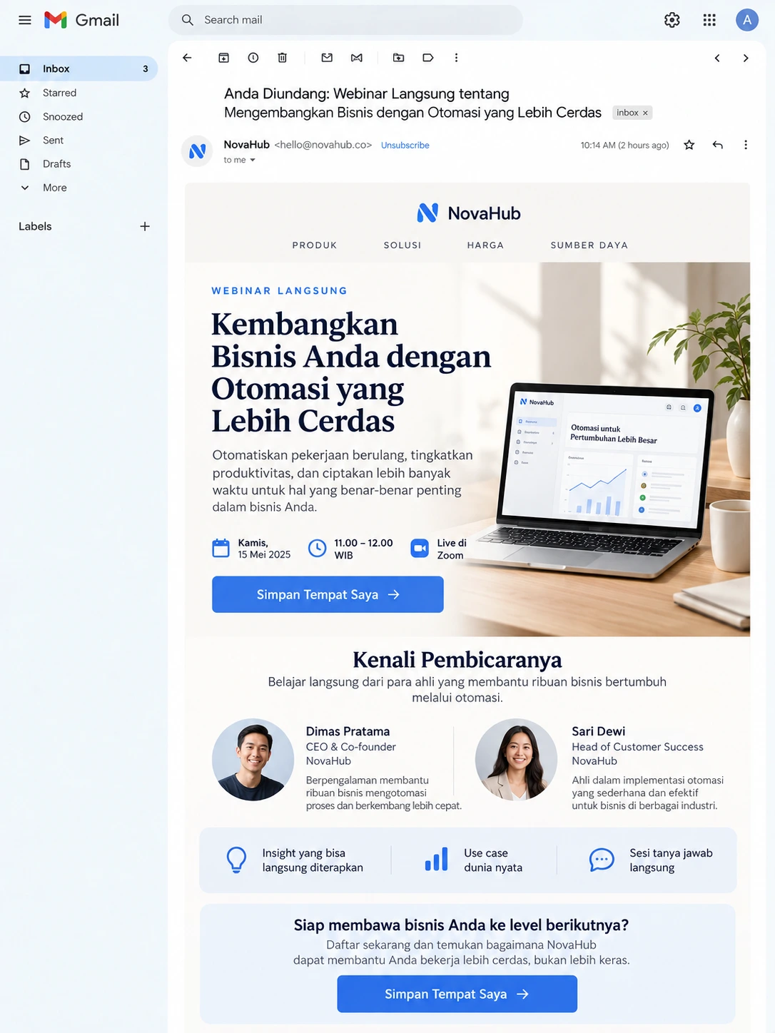 screenshot email blast webinar dengan jadwal, pembicara, dan tombol registrasi