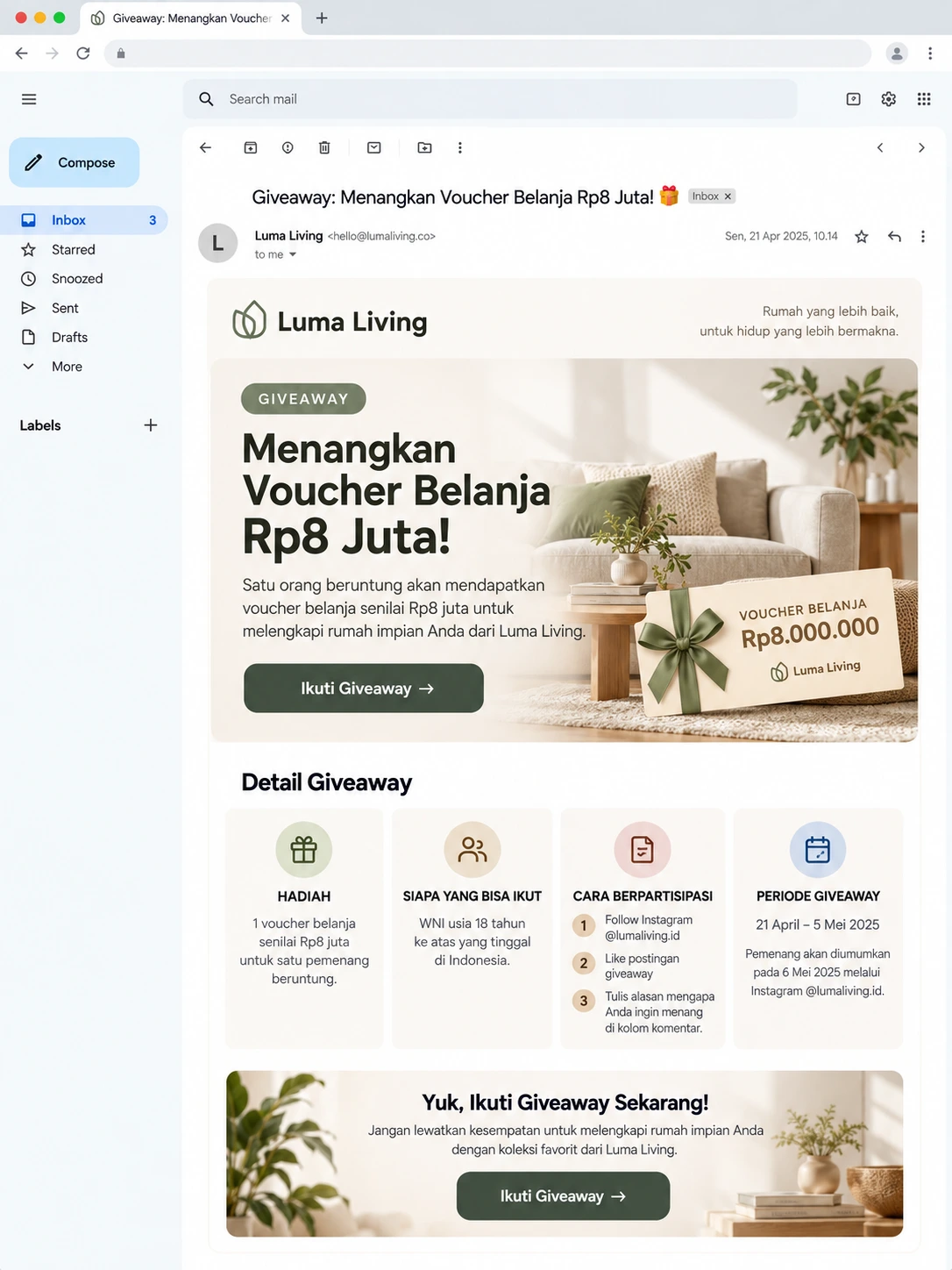 screenshot email blast giveaway dengan hadiah dan syarat partisipasi