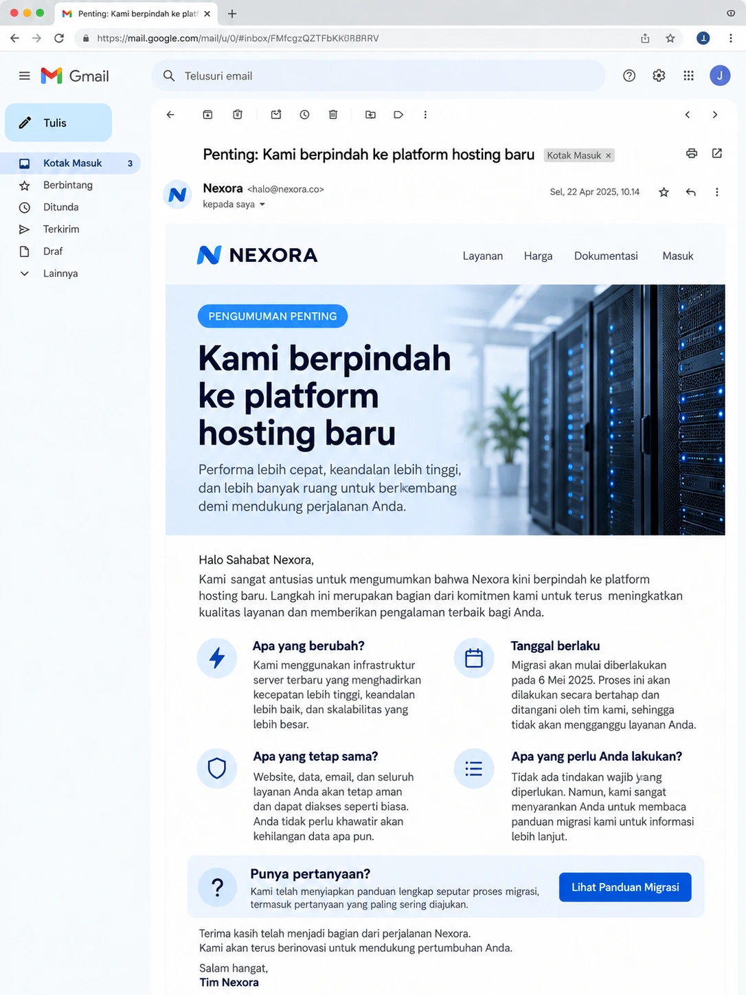 screenshot email blast pengumuman penting tentang perubahan layanan