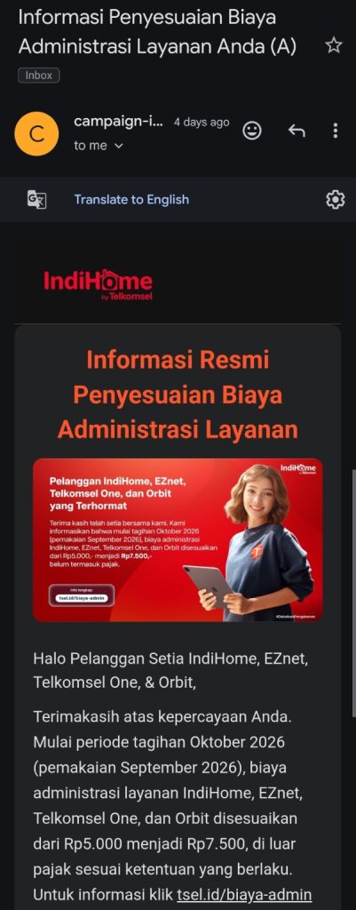 Contoh email pemberitahuan penyesuaian biaya dari Indihome