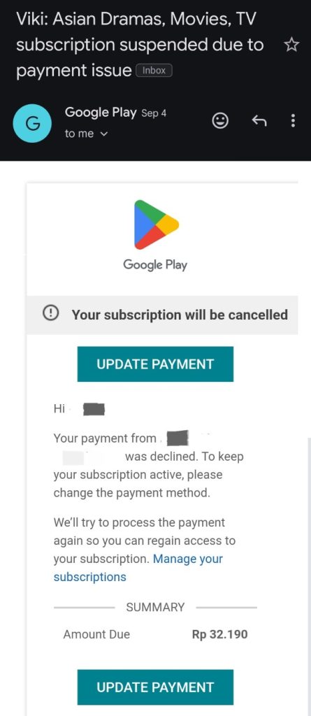 Contoh email reminder update metode pembayaran untuk memperpanjang layanan