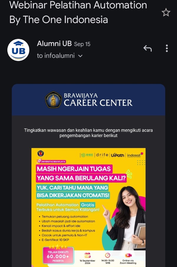 Contoh email undangan webinar untuk alumni dari Universitas Brawijaya