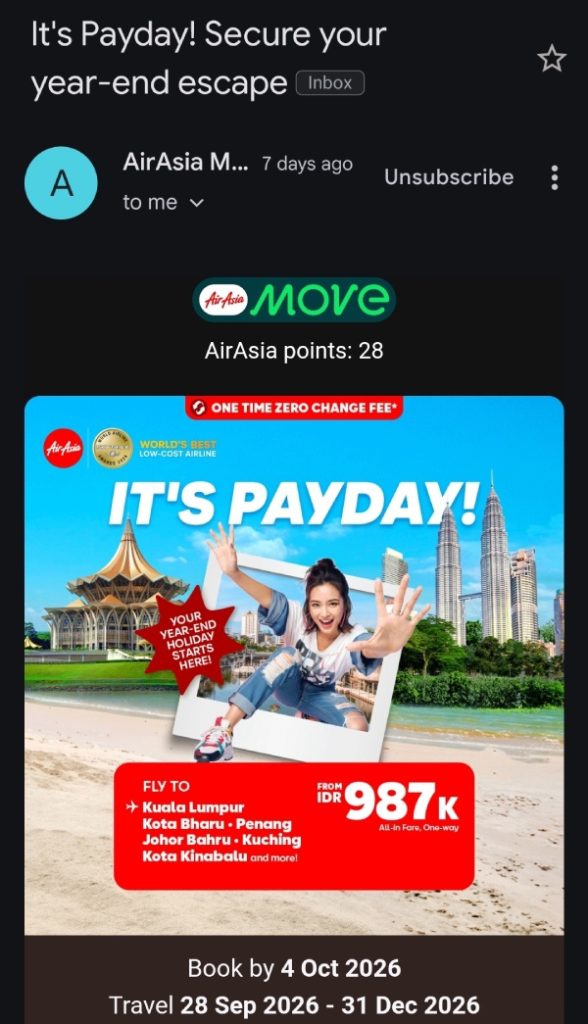 Contoh template email marketing dari AirAsia MOVE