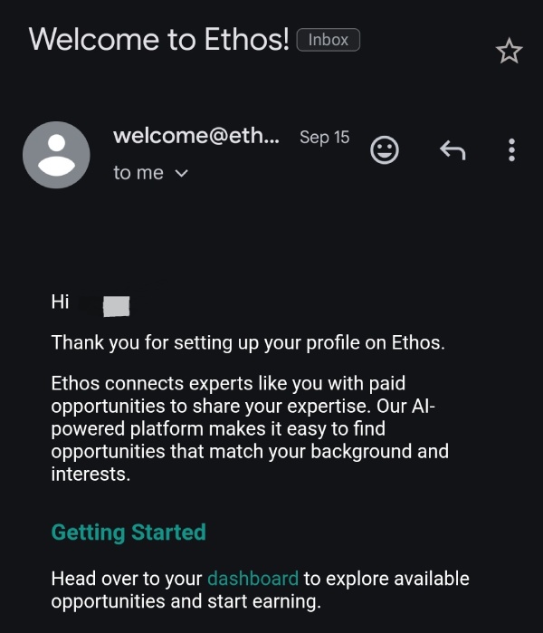 Contoh template welcome email dari Ethos