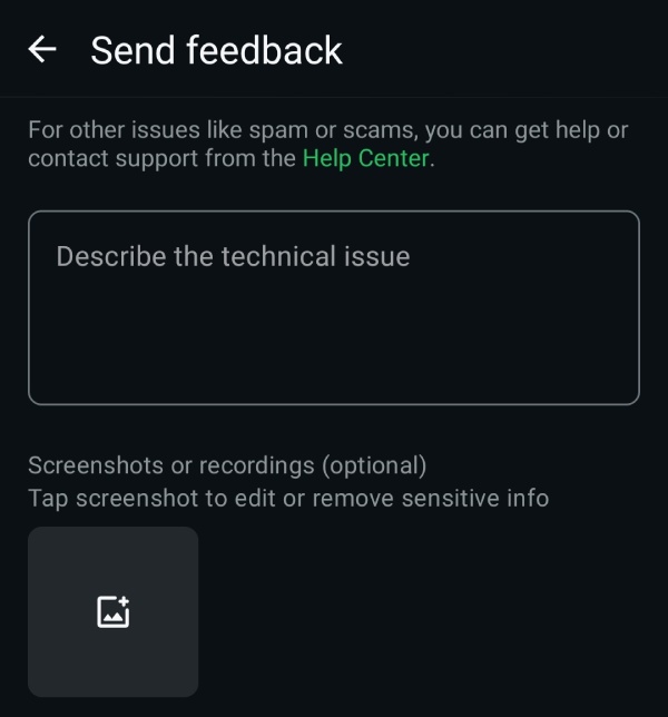 Formulir pengiriman umpan balik di WhatsApp mobile