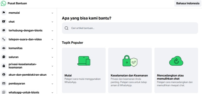 Halaman Pusat Bantuan WhatsApp