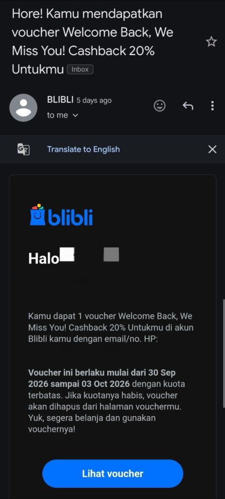 Re-engagement email dari Blibli