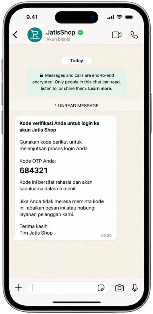 Pengiriman kode OTP melalui WhatsApp Business API