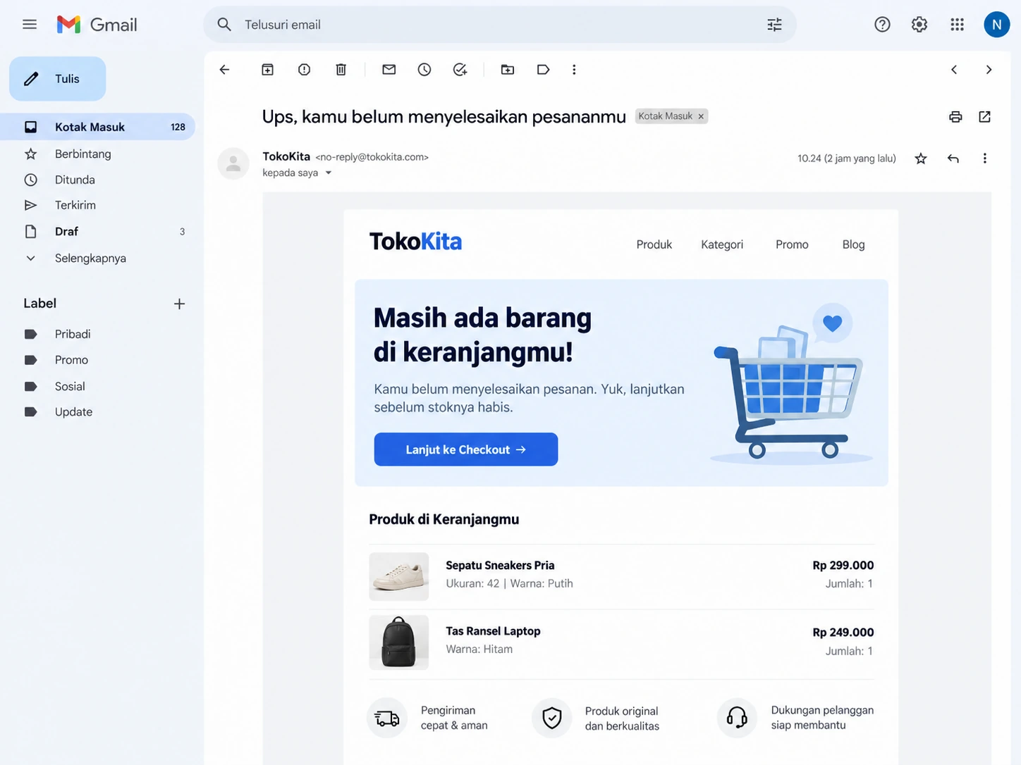 contoh email abandoned cart dengan CTA kembali ke checkout