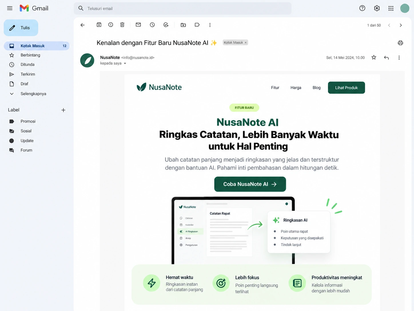 contoh email peluncuran produk dengan manfaat dan CTA