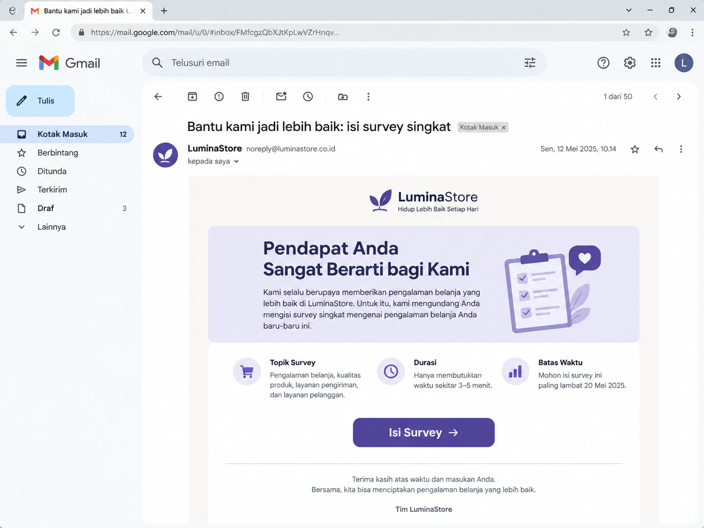 contoh email survey yang meminta masukan pelanggan