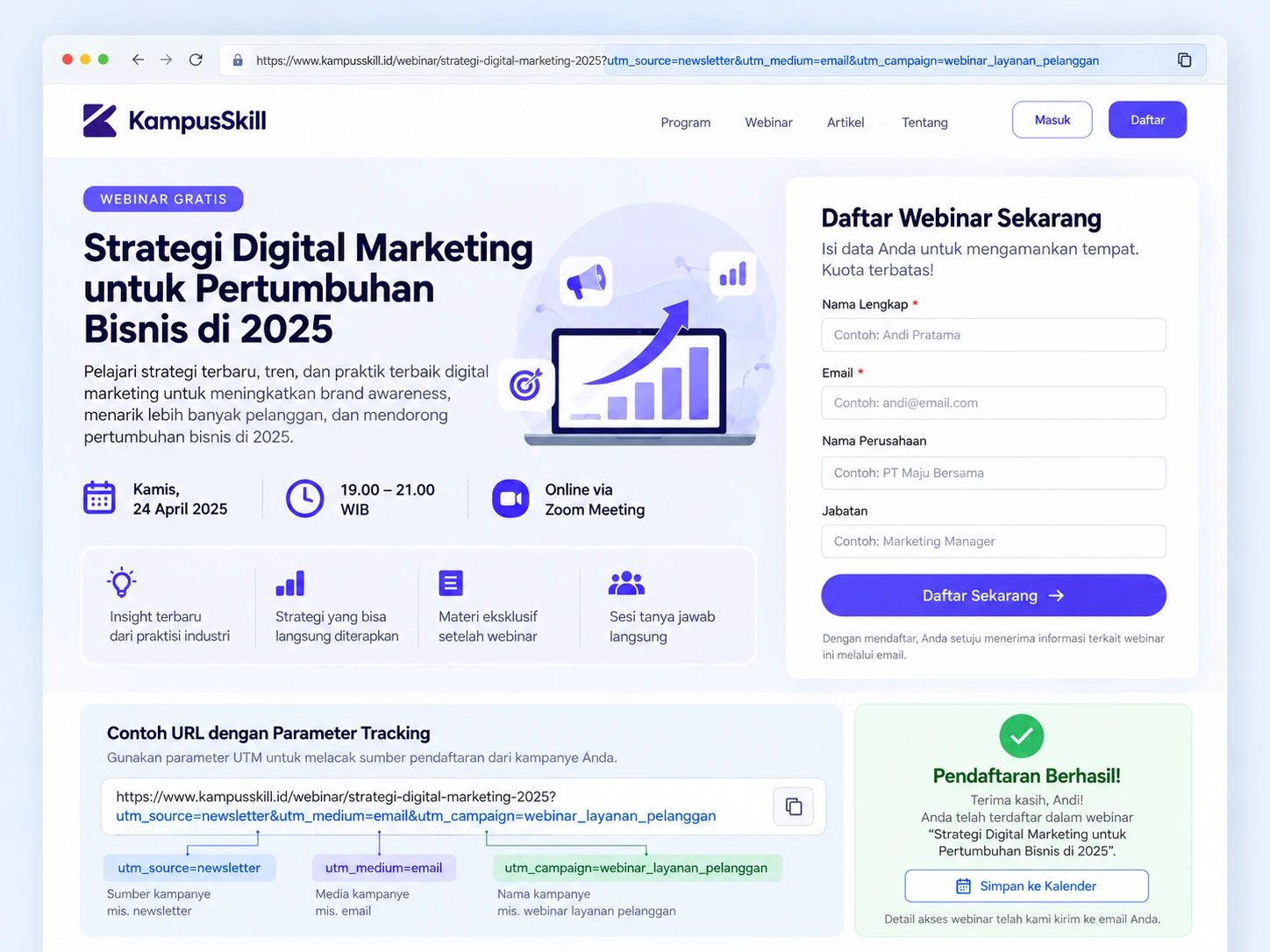 halaman registrasi webinar dengan form dan parameter UTM