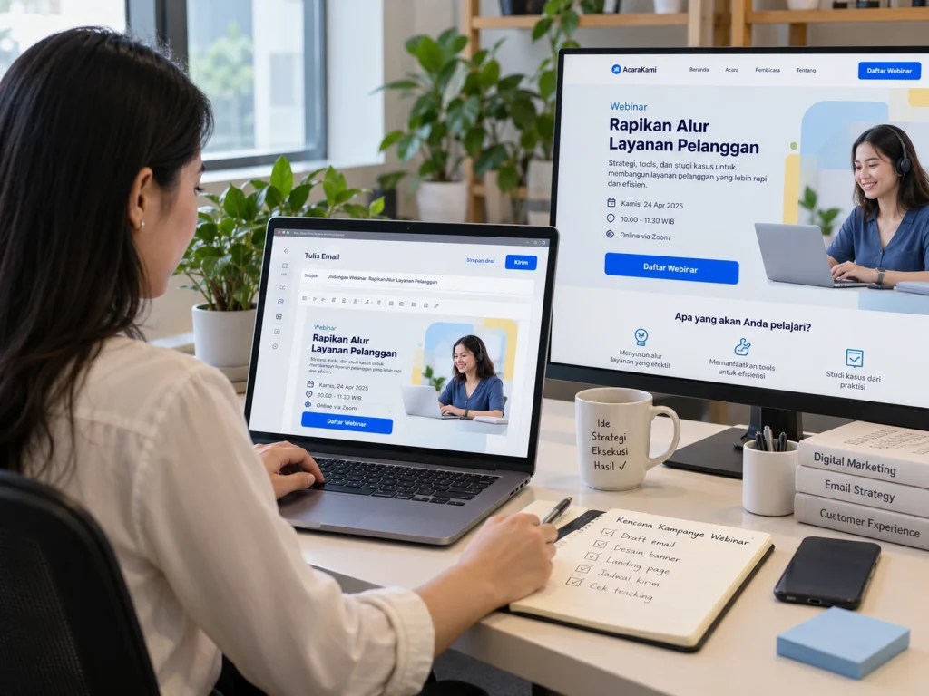 marketer menyiapkan email campaign dan halaman registrasi webinar